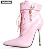 Jialuowei 2022 mujeres punta defilè tobillo bota con tirantes Señora Cruz-atado 12C metálica delgada tacones fetiche candados con llave botas ► Foto 1/6