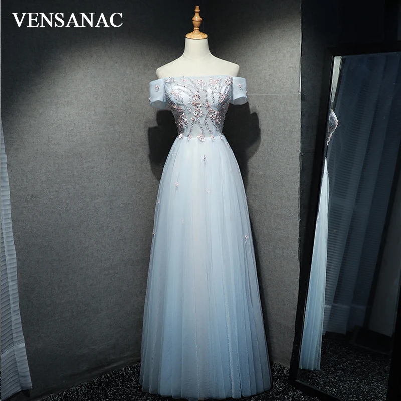 

VENSANAC 2018 Boat Neck Flowers Embroidery A Line Long Evening Dresses Elegant Lace Appliques Party Beading Prom Gowns