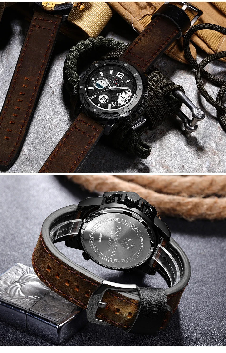 GOLDENHOUR мужские часы Топ люксовый бренд мужские военные спортивные часы кожа кварцевые наручные часы водонепроницаемый светодиодный цифровые мужские часы