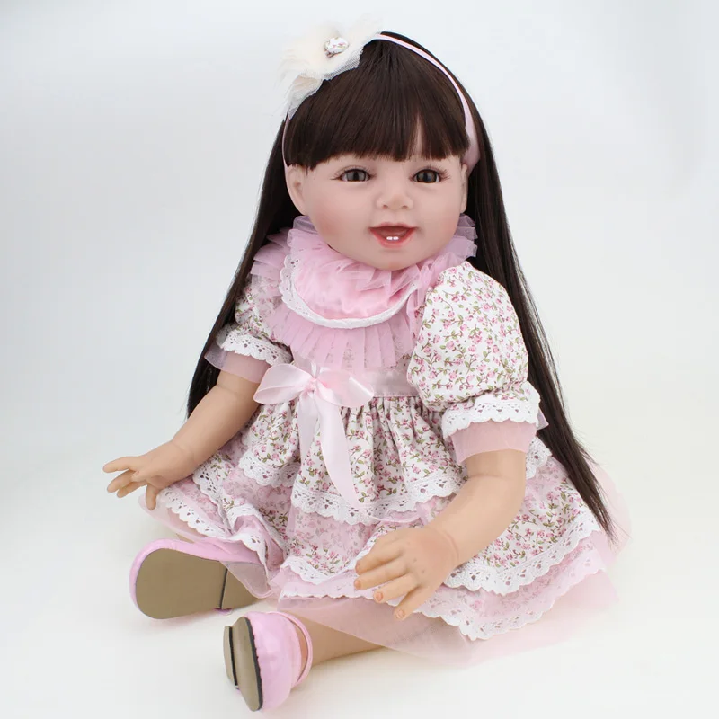 

Collectible Dolls Real Baby Silicone Reborn doll 22 Inch Long Hair wigs Handmade Girls Dress For real Life Dolls For Sale