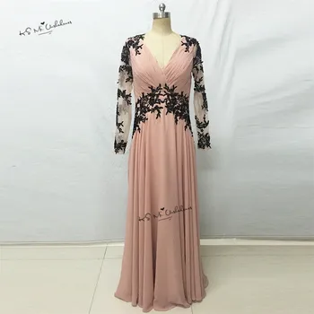 

Elegant Women Pink Black Lace Prom Dress Long Chiffon Applique Floor Length Formal Evening Party Gowns Vestidos de Gala Cheap