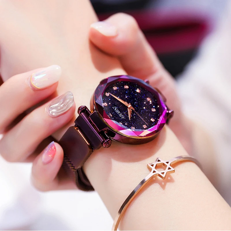 

2019 New Luxury Purple Crystal Women Watches Rose Gold Bracelet Magnetic Band Rhinestones Quartz Lady Watch Diamond Female Clock