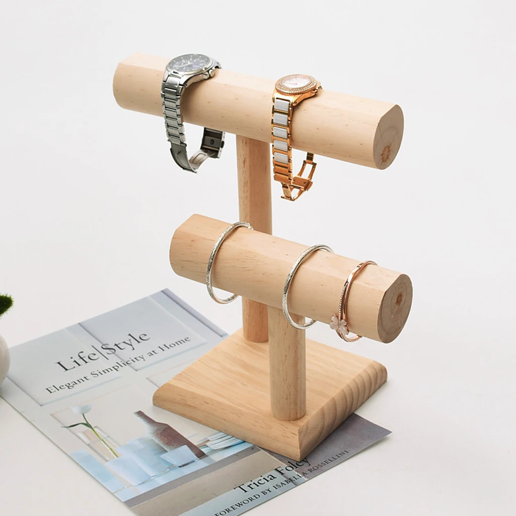 

2-Tier Wooden T-bar Jewelry Bracelet Watch Bangle Necklace Display Holder Stand Organizer Decoupage