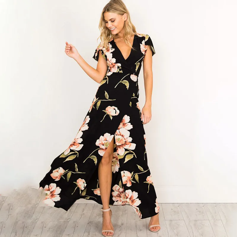 

2019 Summer Long Dress Floral Print Boho Beach Dress Tunic Maxi Dress Women Evening Party Dress Sundress Vestidos