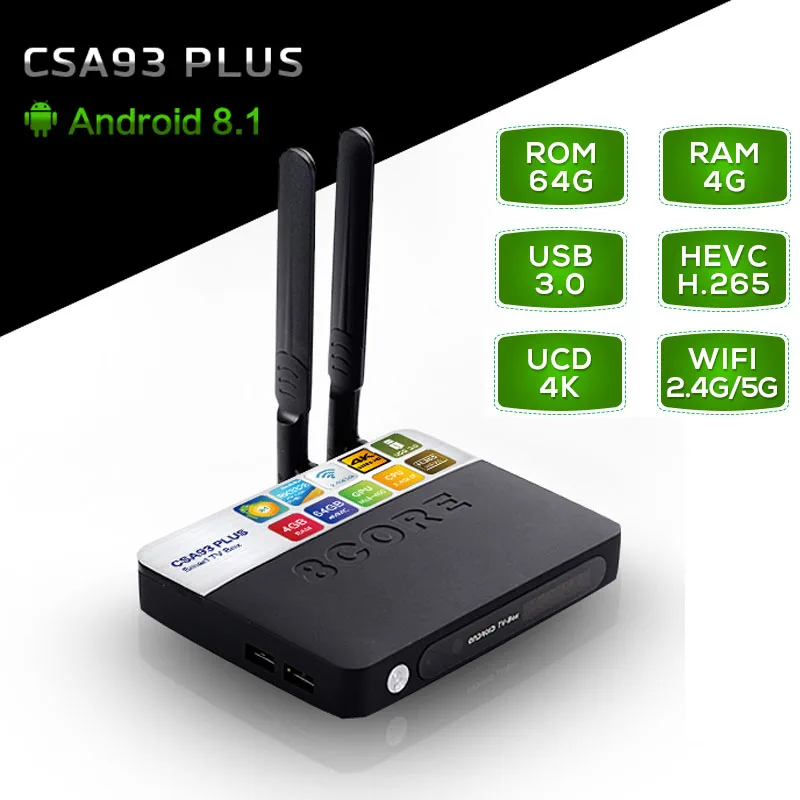 

4GB 64GB CSA93 Plus Android 8.1 Smart TV Box RK3328 Quad Core Dual Band Wifi 2.4G/5.8Ghz 3D Bluetooth TVbox USB 3.0 HD Netflix