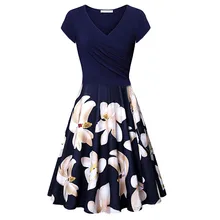 Женское платье, весна-лето, новинка, женское платье с коротким рукавом и v-образным вырезом, винтажное Элегантное расклешенное повседневное свободное платье трапециевидной формы