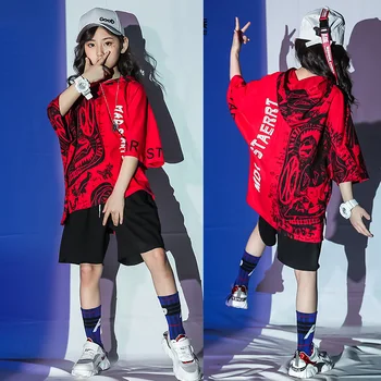 

Red Dance Costume Kids Hooded Printing Jazz Stage Wear Hiphop Practice Rave Outfit Girls Street Dance Performance Clothes DC2250