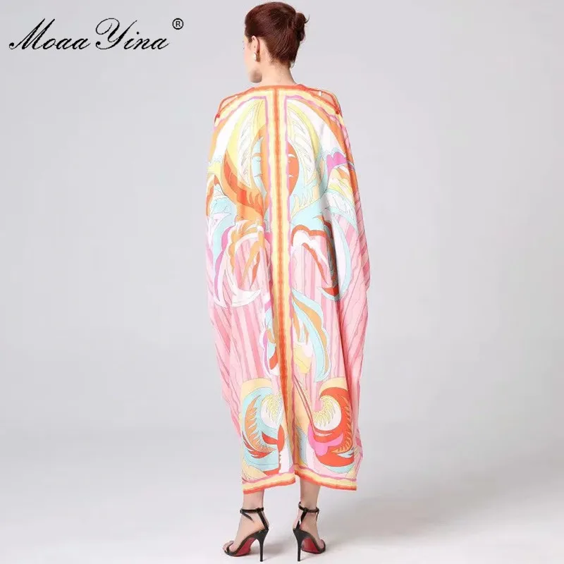 MoaaYina Spring Runway Bohemia Dresses Women V-neck Batwing Sleeve Color Stripe Print Casual Loose Robe Maxi Dresses