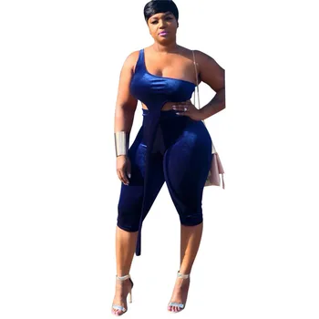 

Women Velvet Two Piece Set Royal Blue One Shoulder Irregular Crop Top Bodycon Knee Length Club Party Tracksuit Outfits