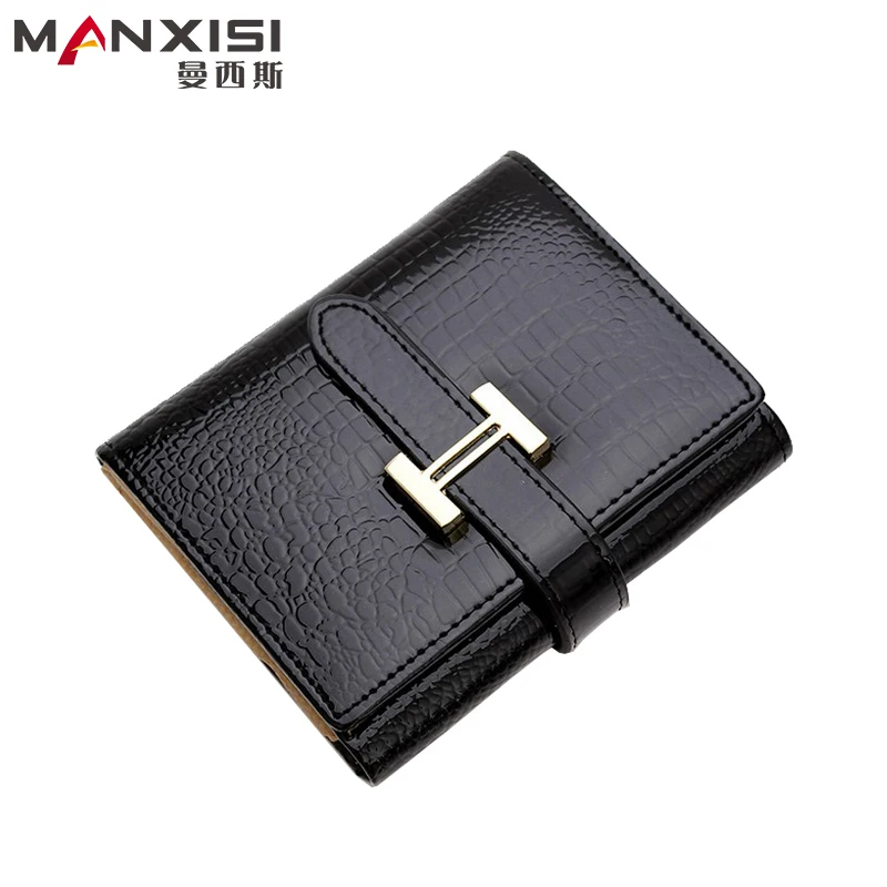 

MANXISI Brand Women Wallets for Cards and Coins Black Genuine Leather Pattern Hasp Short Wallets Ladies Coin Purse