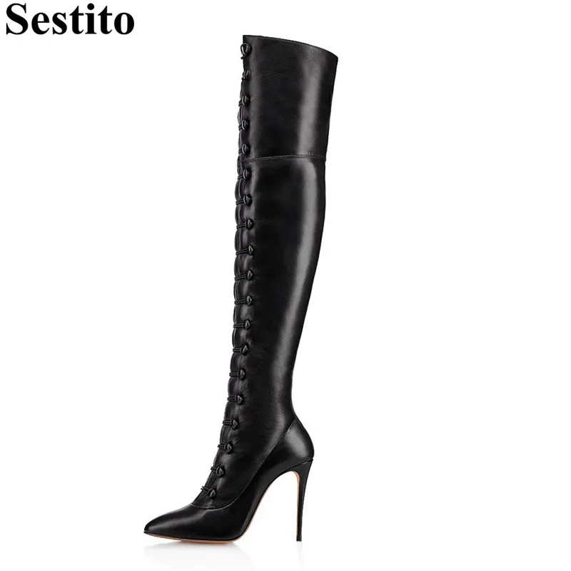 

2018 Fashion Black Button Women's Winter Boots Pointed Toe Thin Heels Over-the-Knee Boots Women Casual High Boots Women's Shoes