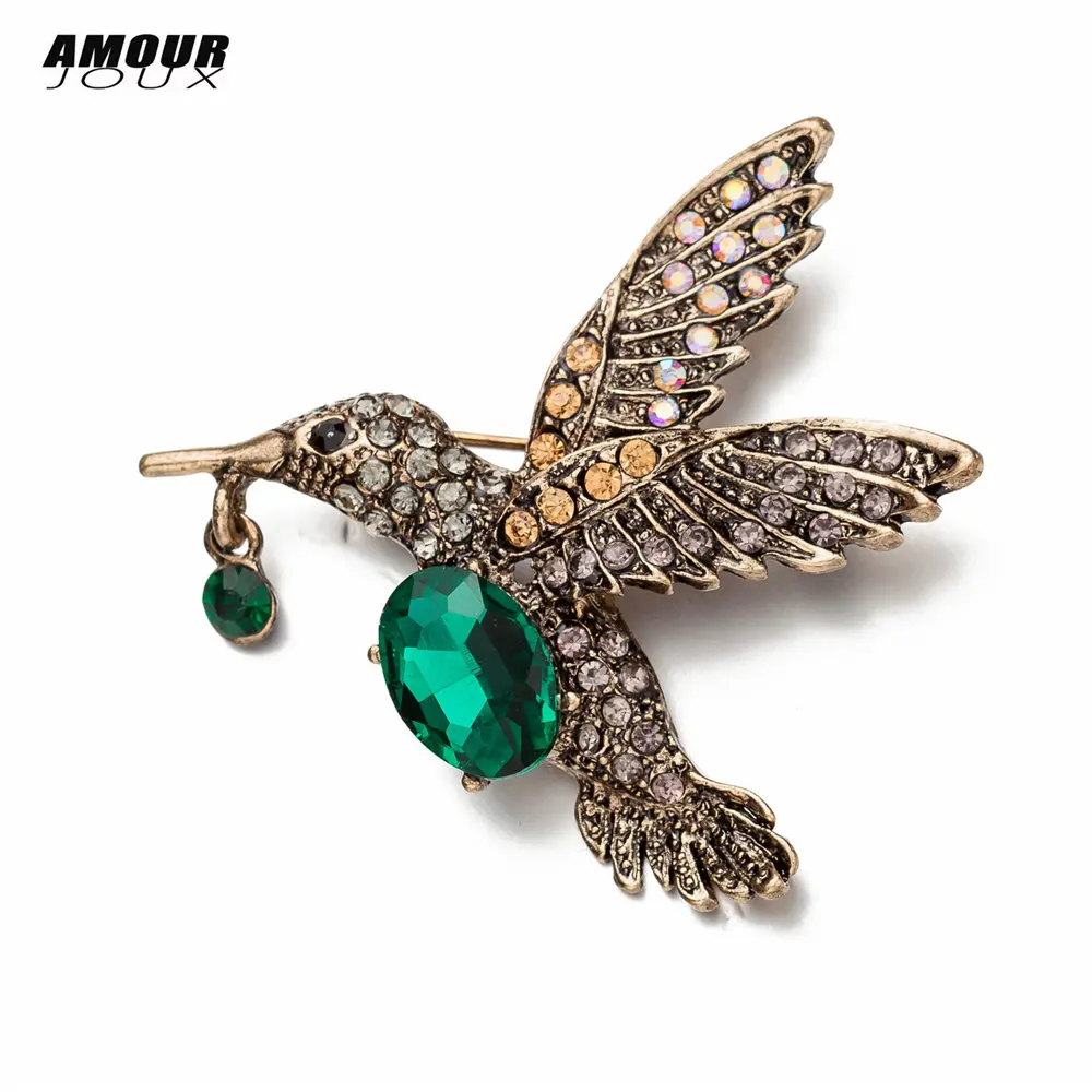 Vintage Gold Color Bird Brooches Pin For Women And Men Retro Green