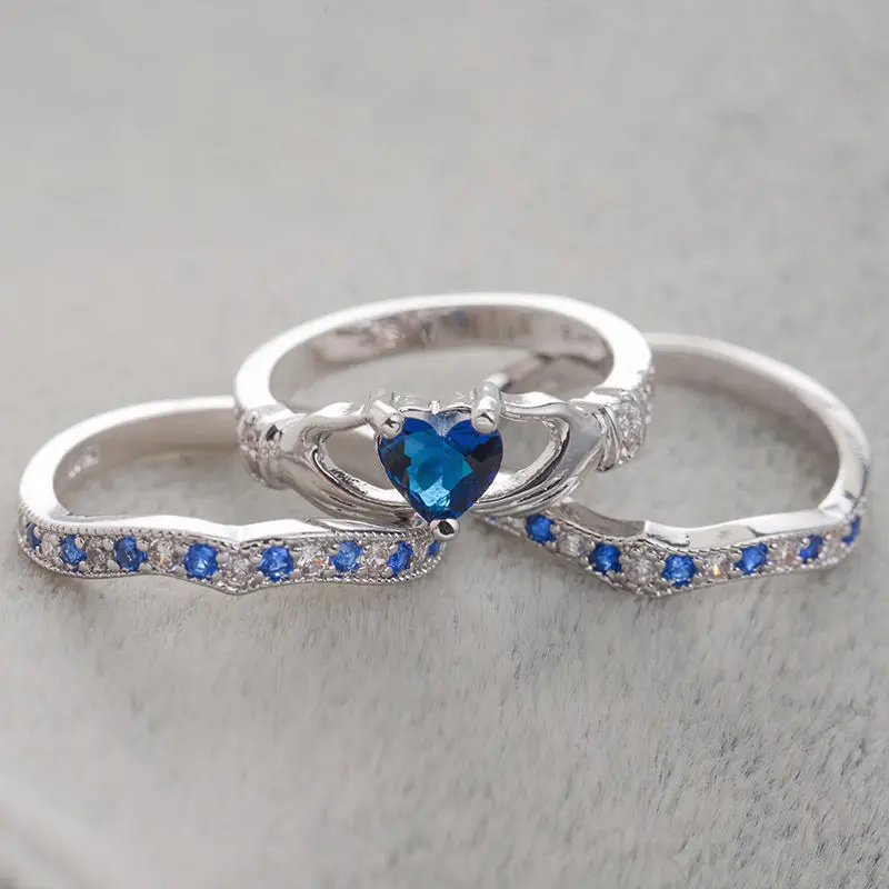 Обручальное кольцо с сердечком для невесты, комплект из 3 предметов, обручальные кольца для женщин, синий CZ, день рождения камень, обручальное кольцо, вечерние, подарок, Прямая поставка