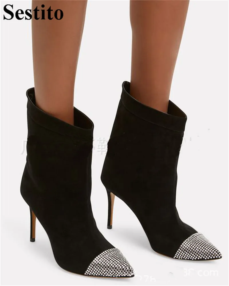

Europe Style New Black Crystal Boots Pointed Toe Ankle Boots For Women Thin Heels Short Boots Slip-on Fashion Autumn Women Shoes