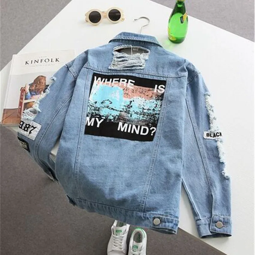 Finest  Korea Kpop retro washing frayed embroidery letter patch bomber jacket Blue Ripped Distressed Denim 