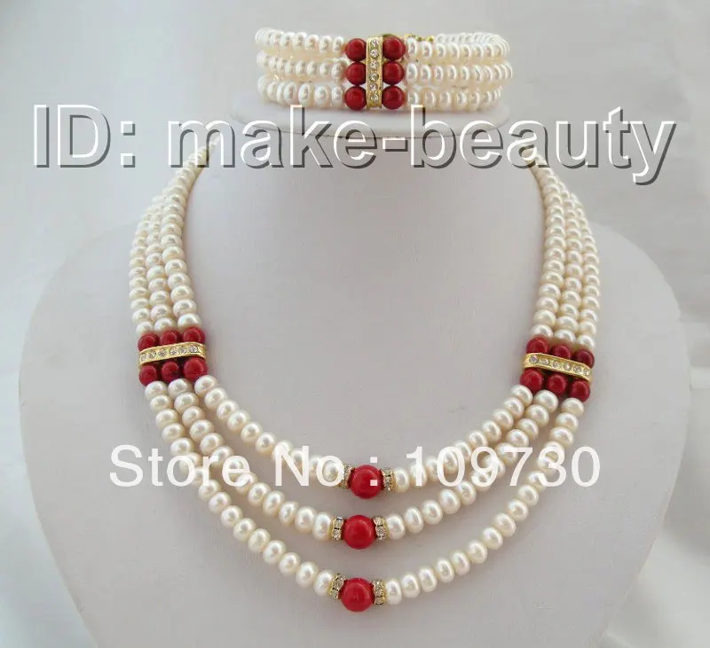 

Jewelry 00264 CLASSIC 3rows 8mm baroque white pearls red coral necklace bracelet a set (A0423)