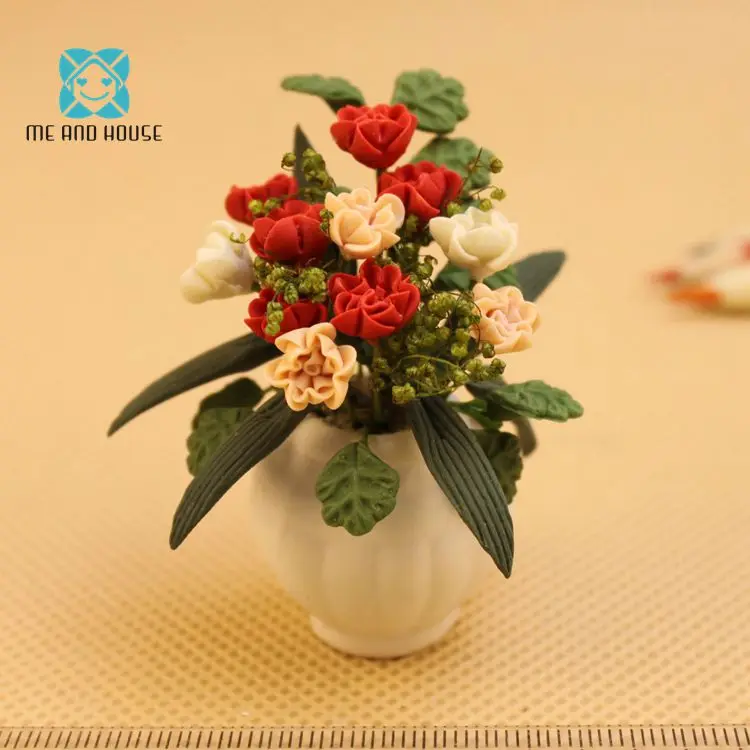 

Dolls house Handcrafted Clay Colorful Chinese rose greenery miniature flower 1/12 sclae