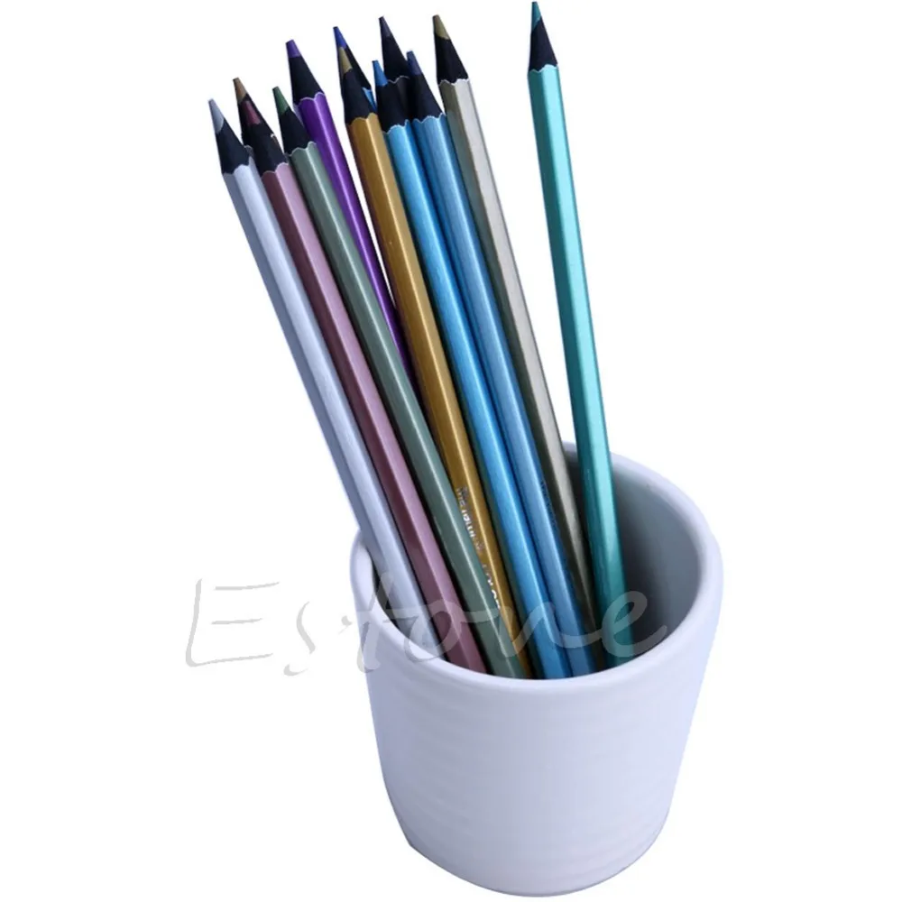 

12 Metallic Colored Pencil Non-toxic For Drawing Sketching Set Stationery