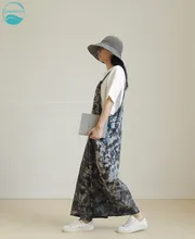 

LinenAll Original Chinese medicinal herb hand-dyed 100% linen back strap wide leg pants female