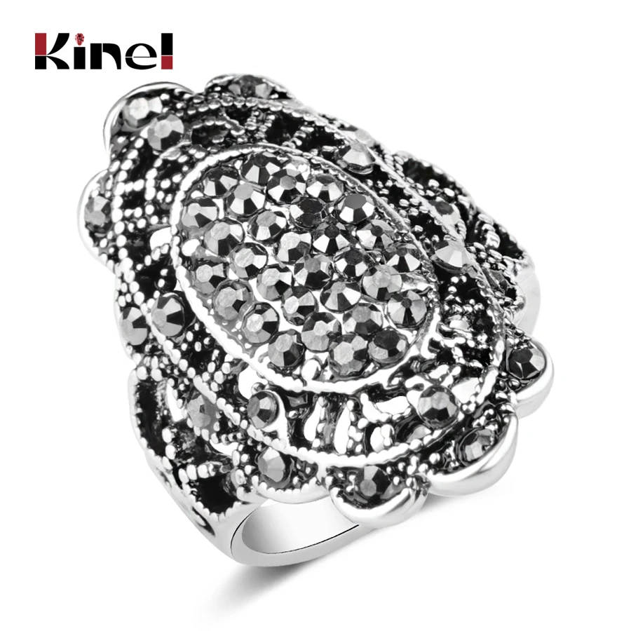 

Kinel Vintage Ring Full Dark Gray Cubic Zirconia Big Rings For Women Antique Silver Color Crystal Jewelry Anel Size 7 8 9 10