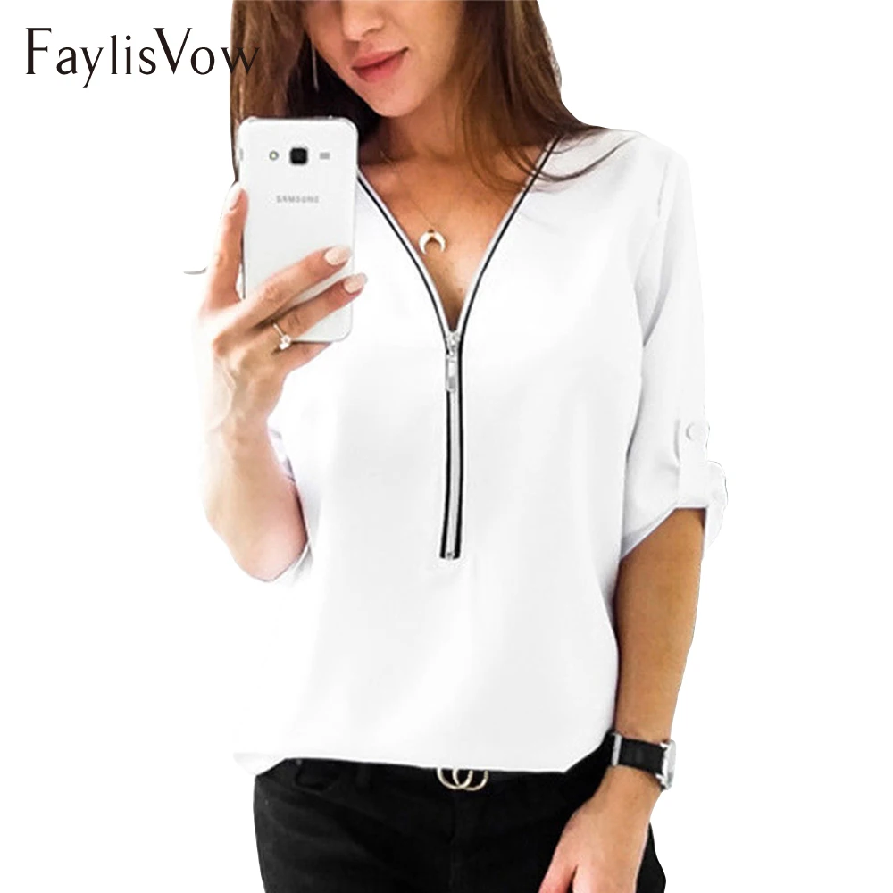 

5XL Autumn Half Sleeve Women's Shirt Zipper V Neck Womens Tops And Blouses Ladies Casual Solid White Blouse Tee Plus Size