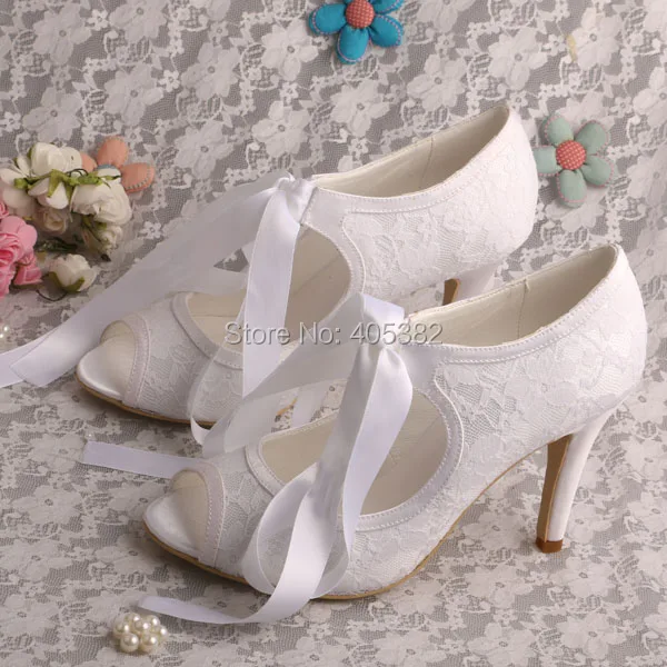 

Wedopus High Lace Shoes Wedding Ribbon Peep Toe Heels White Dropshipping