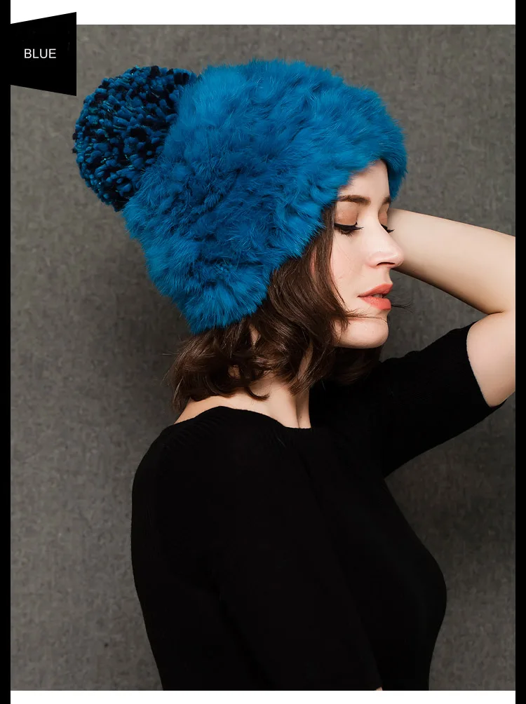 FS Модные женские вязаные шапки с кроличьим мехом для дам, зимняя теплая шерстяная шапка винно-красного и синего цвета с помпонами, вязаная шапка, Casquette Femme