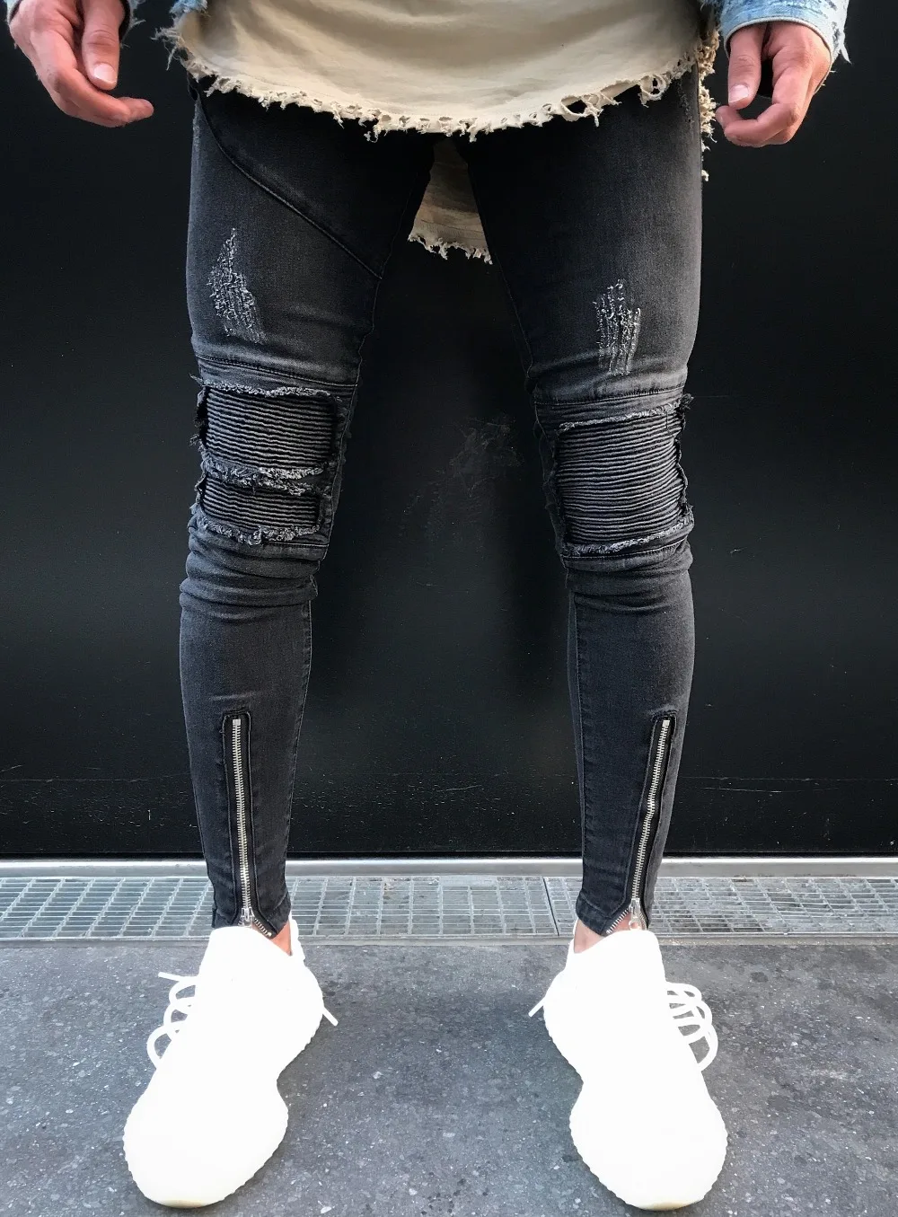 Dünne Hosen Saum neverfunction Reißverschluss Plus Biker Jogger Knie 1 Männer Motorrad Jeans 40Off Dunkelgrau Zerrissene Us20 Stretch Moto Denim XkOPZwiuT