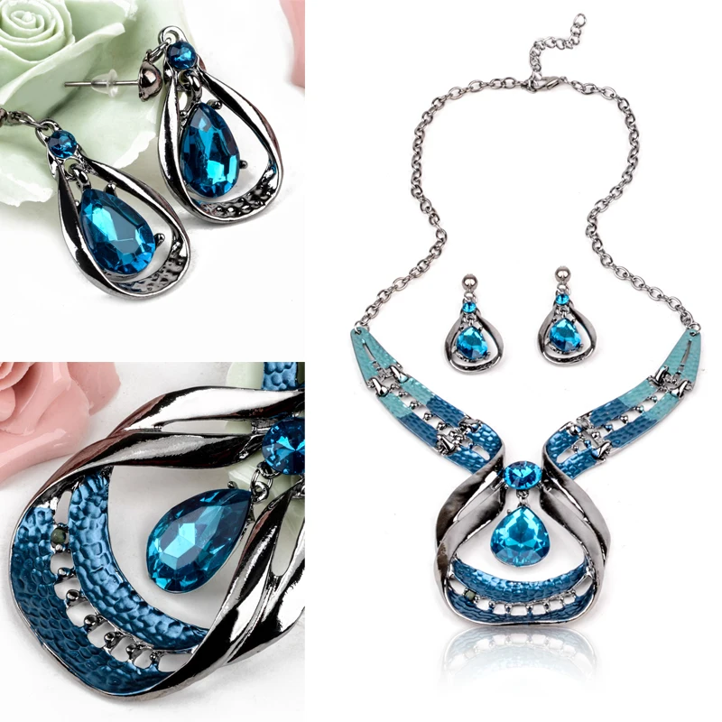 Austrian Crystal Jewelry Sets Fashion Blue Choker Collar Necklace dangle earring Jewellery Silver Plated Bridal Wedding Jewelry