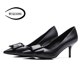 

WEIQIAONA Genuine Cowhide Leather Fashion Square buckle Pumps Women Shoes Spring Stiletto pointed toe Shallow single OL Shoes