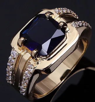 

SuoHuan Size 7-12 Charm Male Men Ring Blue Stone Zircon Crystal Gold Filled Wedding Anniversary Band Rings Finger Jewelry Gift