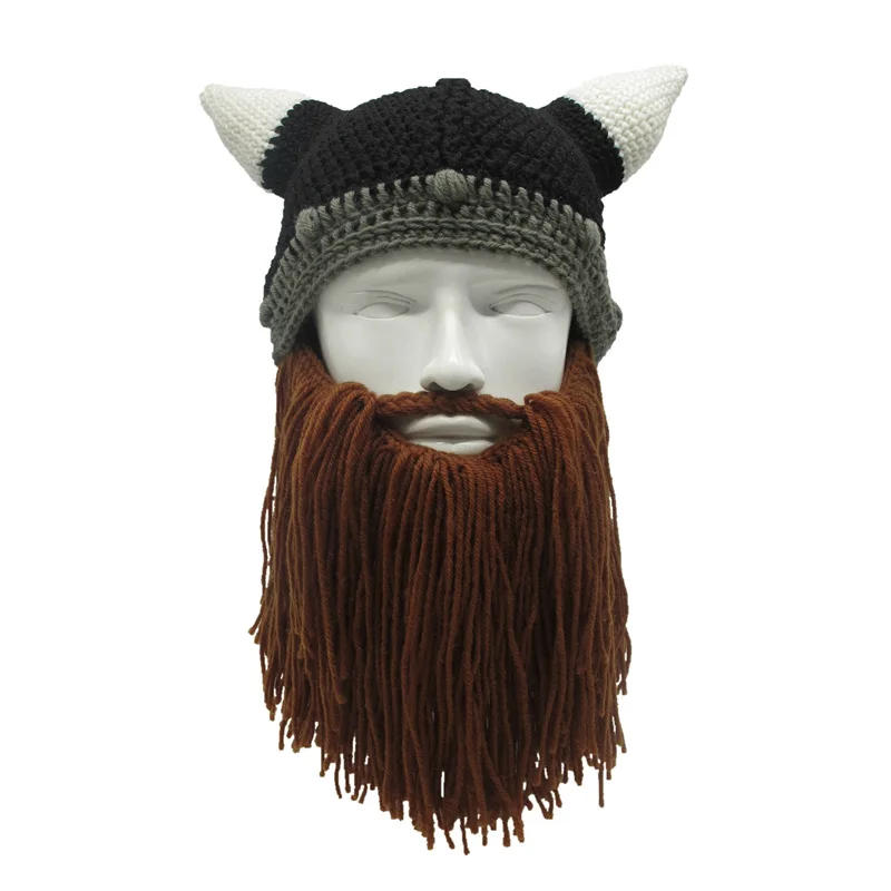 Handmade Wig Beard Viking Beanies Hat Horn Winter Cap For Men Crochet Dad Hat Winter Male Cap Halloween Gifts Party Cap SKullcap