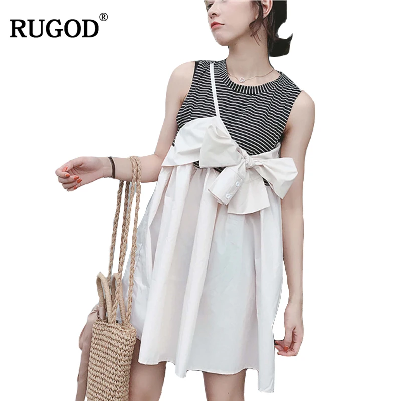 RUGOD Korean  Style  Shirt Patchwork Bow Tie Mini Dress 