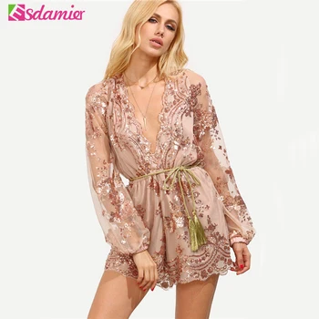 

Fashion Sequin Jumpsuit Sexy Deep V Jumpsuit And Romper Playsuit Women Long Sleeve Lace Rompers Womens Jumpsuit With Belt