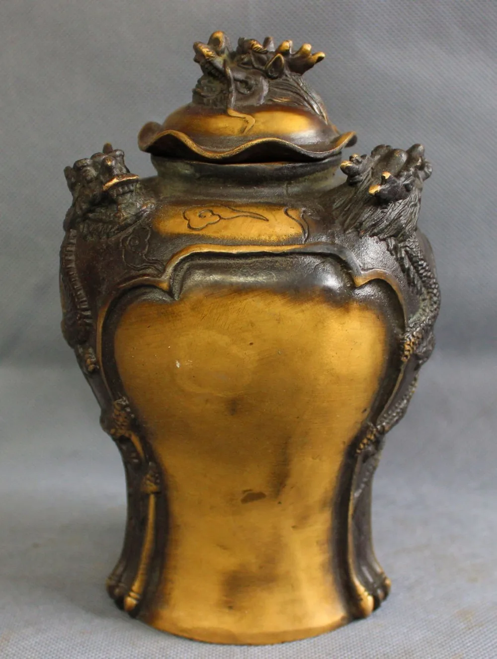 

8" Chinese Bronze 3 Fly Dragon Head Statue Tibet Buddhism Wealth Box Pot Jar
