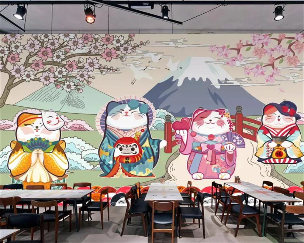

Beibehang Custom personality 3d wallpaper hand-painted lucky cat Japanese sushi restaurant background wall wallpaper 3d mural