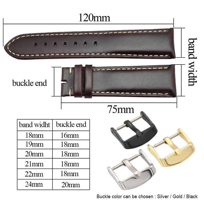 Elegant Genuine Leather Watch Band Strap – Black & Dark Brown with Polished Buckle