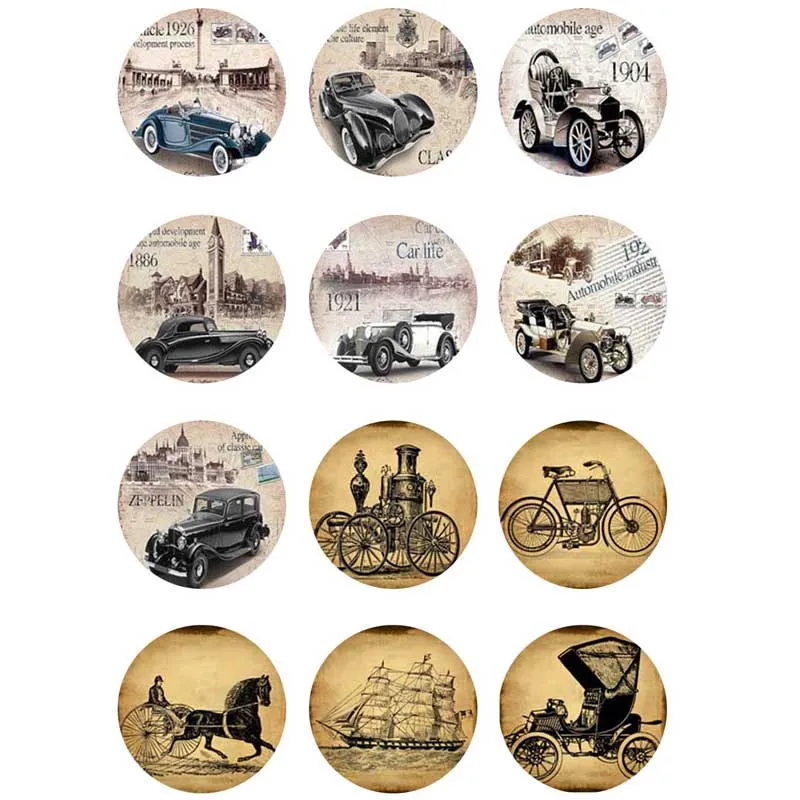 

10mm 12mm 14mm 16mm 20mm 25mm 376 12pcs/lot Car Mix Round Glass Cabochons Jewelry Findings 18mm Snap Button Charm Bracelet