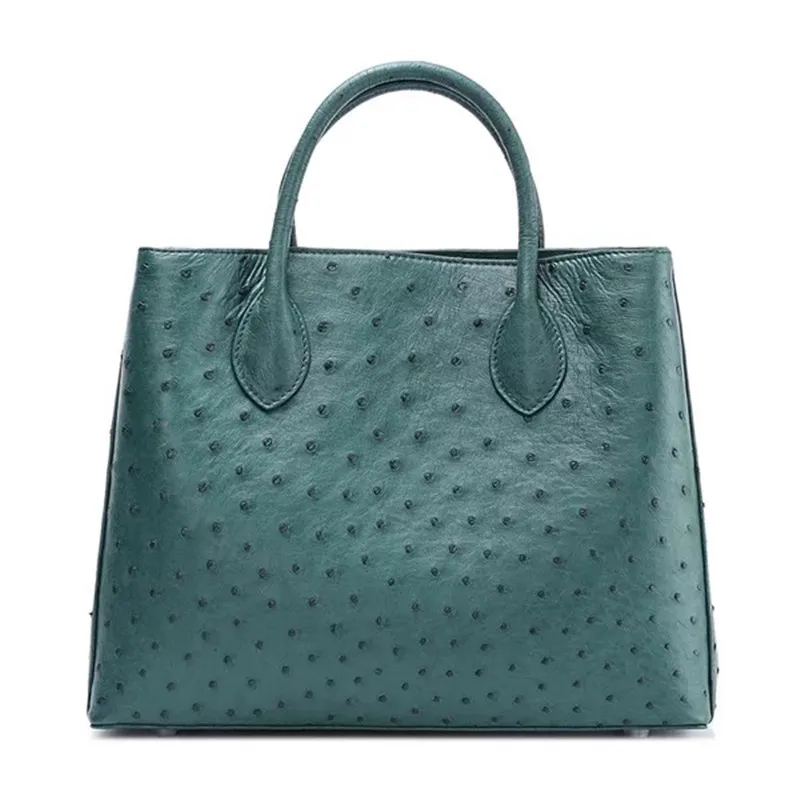 Luxury Designer Genuine Ostrich Skin Leather Zipper Closure Dark Green Women Totes Bag Lady ...