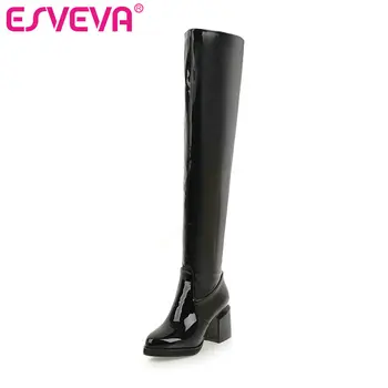 

ESVEVA 2020 Over The Knee Boots Winter Women Boots Square High Heel PU Patent Leather Motorcycle Boots Platform Size 34-43