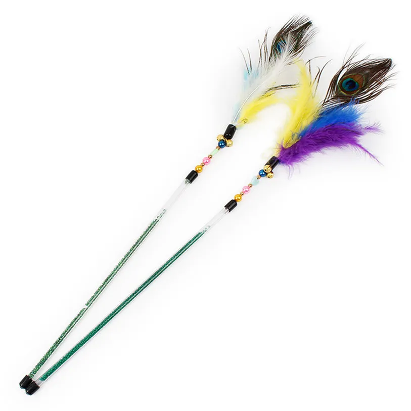 Pet Cat Teaser Kitten Jump Training Toy Peacock Feather Wand Cat Catcher Teaser Stick Cat Interactive Toys Wholesale noDC28