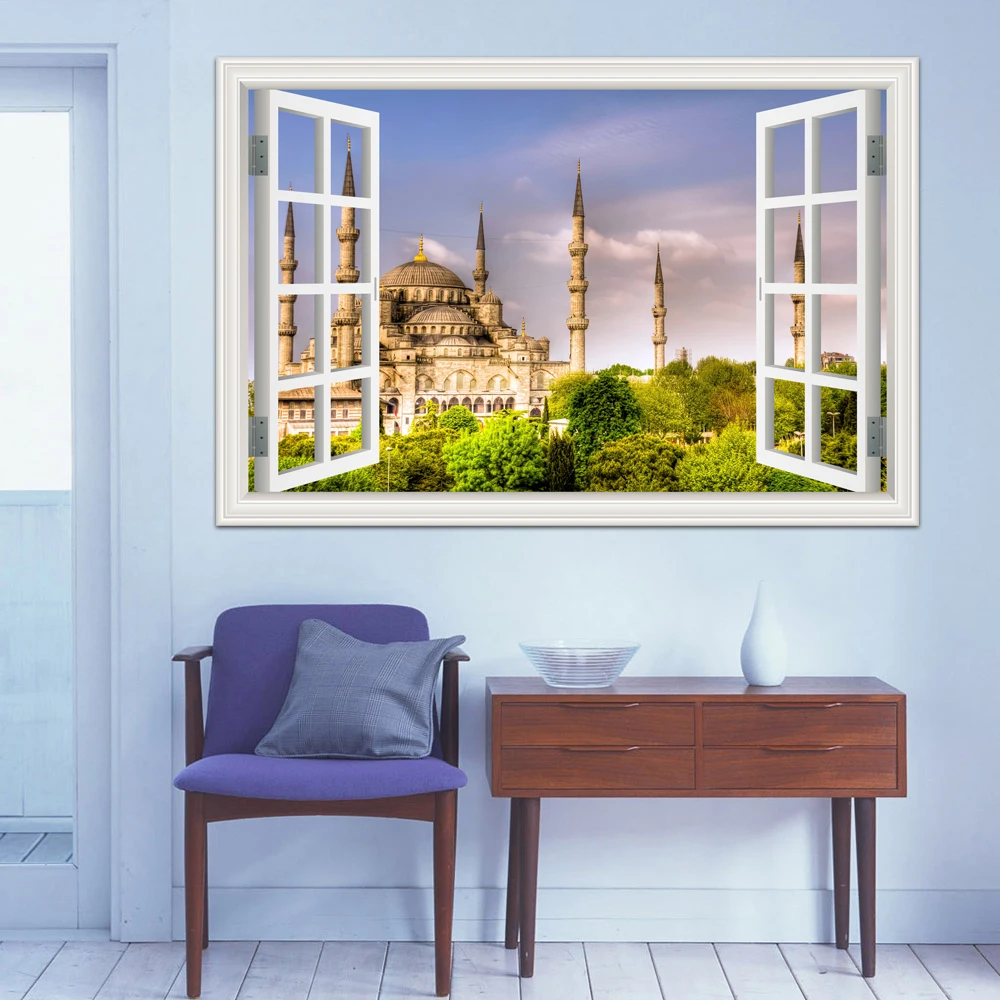 

Removable 3D Window view sticker Muslim Masjid Islam Construction Decal Wallpaper Wall Art poster adesivo de parede
