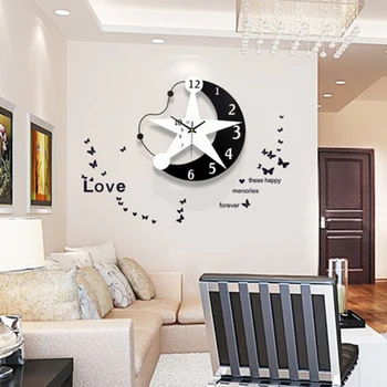 

Moon Stars Wall Clock Black White Wooden House Silent Clock Restaurant Bar Home Coffee Shop Decoration
