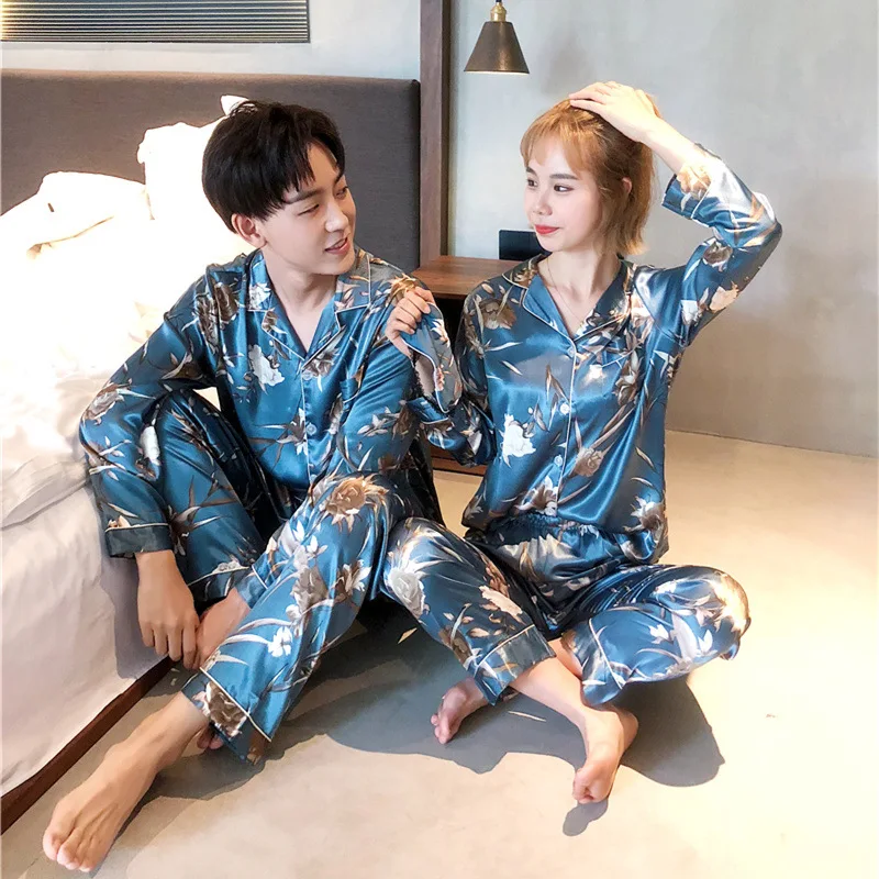 Smmoloa Сексуальная атласная Шелковая пижама с длинными рукавами для пары