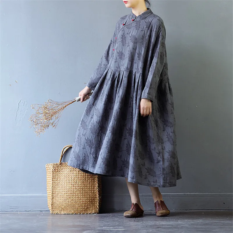 SCUWLINEN 2019 Vestidos женские осенние платья винтажное платье с пуговицами и стоячим