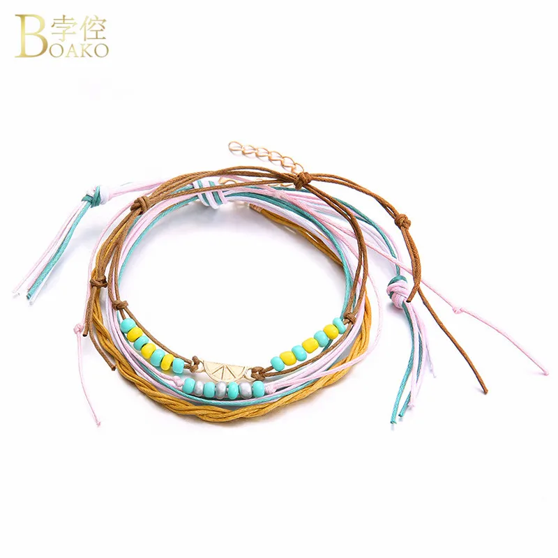 multicolor BOAKO 4 шт./компл. в богемном стиле женские браслеты для щиколотки Винтаж ручной веревку браслеты для лодыжки модные плетеные ножной браслет в богемном стиле браслет на ногу из бисера - Окраска металла: multicolor