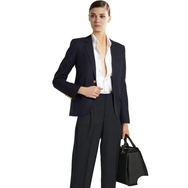 Custom Navy Blue Work Bussiness Formal Elegant Women Suit Set Blazers And Pants Office Suits Ladies Pants Suits Trouser Suits