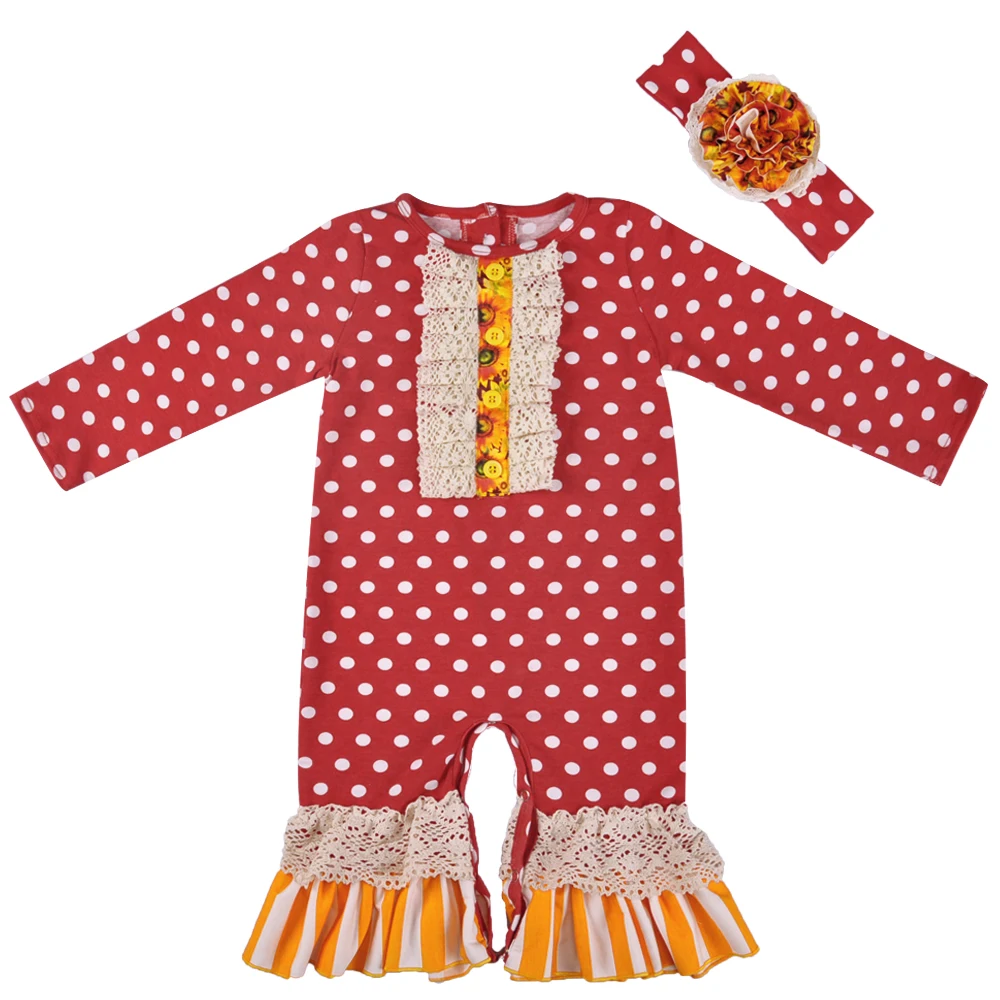 Wholesale Fall Boutique Baby Long Sleeve Cotton Boutique Romper Baby Girls Clothes Ruffle Romper With Headband GPF806-177 belted flounce satin ruffle romper