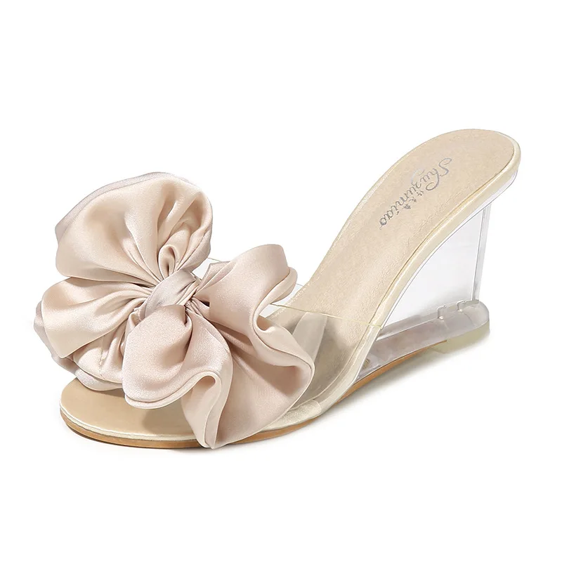 Butterfly-knot High Heel Sandals Women Summer Flower Crystal Shoes Lad Transparent Heels Peep Toe Wedges Ladies Sexy Sweet Shoes - Цвет: beige