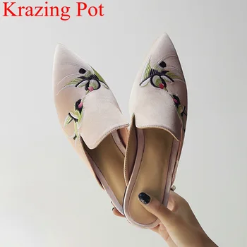

new pointed toe concise embroider flat silk women sandals slip on vacation slipper flower casual elegant mules summer shoes L99